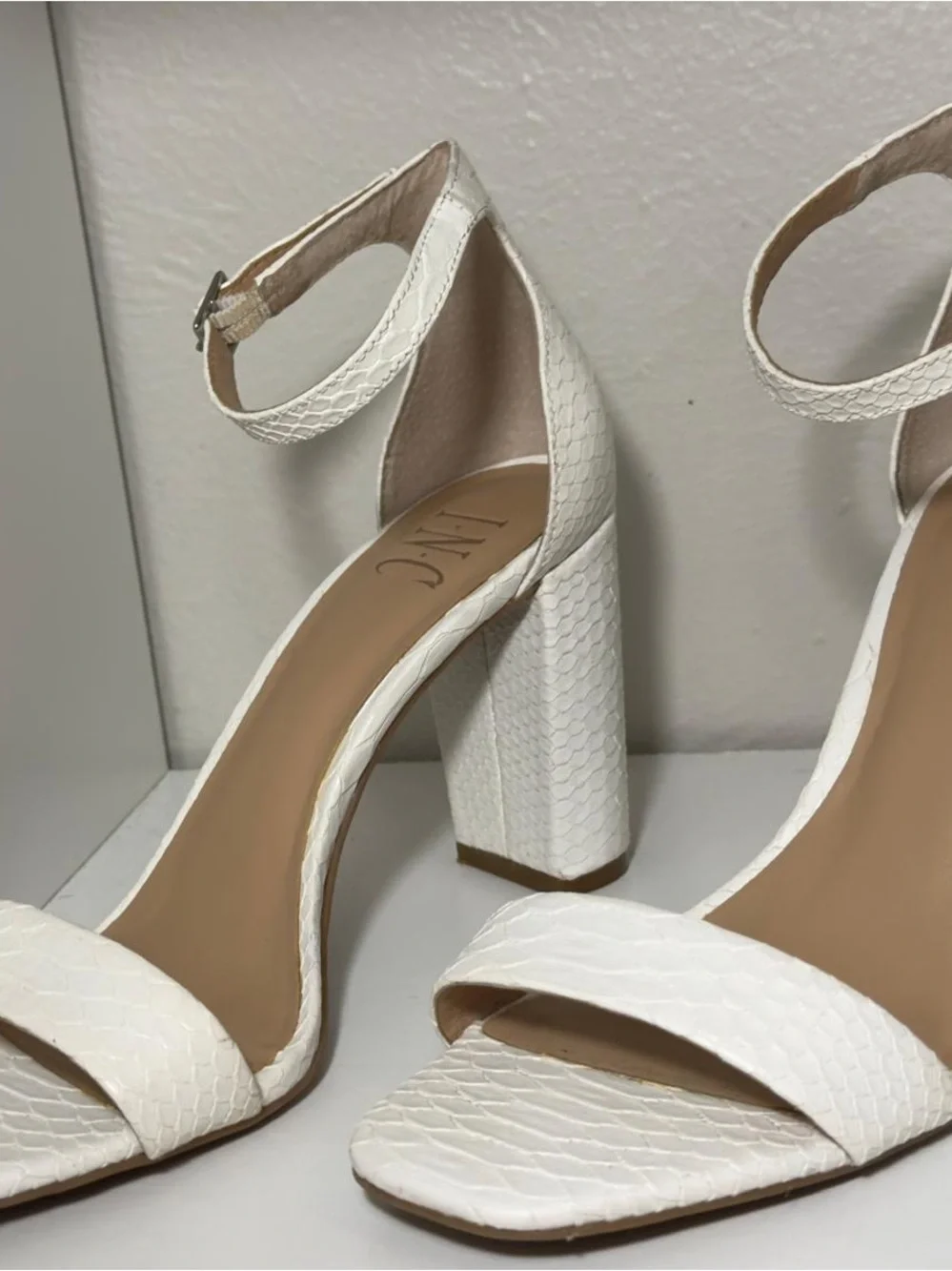 INC International Concepts White Textured Ankle-Strap Block Heels